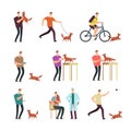 Happy man with dog in daily routine. People and cute lovely pets cartoon vector characters isolated