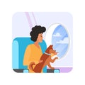 Happy man and dog travel together looking out airplane window Royalty Free Stock Photo