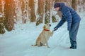 Happy man with a dog walking in a snowy winter forest Royalty Free Stock Photo