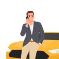 Happy man dressed in a suit next to the car. The seller or the owner of a new machine. Sit or Lay on the sports car while calling Royalty Free Stock Photo