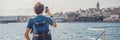 Happy man enjoying the sea from ferry boat crossing Bosphorus in Istanbul. Summer trip to Istanbul BANNER, LONG FORMAT Royalty Free Stock Photo