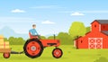 Happy Man Farmer Driving Tractor with Hay Bale Vector Illustration