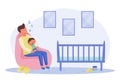 Happy Man Father with Baby Sleep in Armchair Vector Illustration