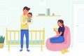 Happy Man Father Hold Baby and Woman Mother Sit in Armchair Resting Vector Illustration