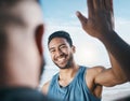 Happy man, fitness and high five for success, partnership or victory in achievement after workout in nature. Male person Royalty Free Stock Photo