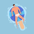 Happy man floating in pool, relaxing on inflatable lollipop mattress. Cool guy in trunks swimming on rubber water ring