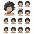 Happy man with frizzy hair. Set of different emotions male character. Handsome man curls hair style emoji various facial Royalty Free Stock Photo