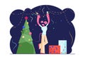 Happy Man in Funny Mouse Ears on Head Holding Sparkler and Champagne Glass Dancing near Decorated Christmas Tree Royalty Free Stock Photo