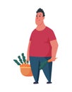 Happy man gardener or farmer with carrot in basket on a white background. Cartoon character of man farming concept