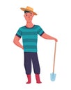 Happy Man Gardener Or Farmer With Shovel In Hand On A White Background. Cartoon Character Of Man Farming Concept
