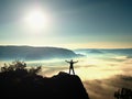 Happy man gesture of triumph with hands in the air. Funny hiker with raised arm Royalty Free Stock Photo