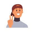 Happy man gesturing peace victory gesture with hand. Friendly excited guy showing V sign with two fingers, smiling