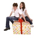 Happy man and girl with gift box. Royalty Free Stock Photo