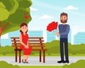 Happy Man Giving Bouquet of Flower to Woman Lover Sitting on Bench in Park Being in Love Vector Illustration