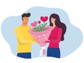 Happy man giving flower heart to his beautiful girlfriend Couple celebrating valentine`s day vector Illustration