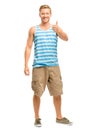 Happy man giving thumbs up sign - full length portrait on white