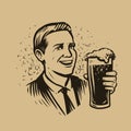 Happy man with glass of beer drawn in retro style. Alcoholic drink emblem, vintage vector illustration