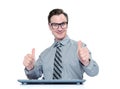 Happy man with glasses with keyboard raised his thumbs up. Everything is cool Royalty Free Stock Photo