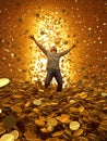 Happy man with gold coins winning lottery.