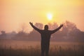 A happy man with hands in the air standing in the field at sunrise Royalty Free Stock Photo