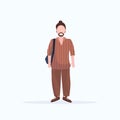 Happy man hippie standing pose smiling guy wearing trendy clothes male cartoon character full length flat white