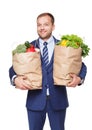 Happy man hold bag with healthy food, grocery buyer isolated Royalty Free Stock Photo