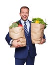 Happy man hold bag with healthy food, grocery buyer isolated Royalty Free Stock Photo