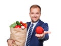 Happy man hold bag with healthy food, grocery buyer isolated Royalty Free Stock Photo