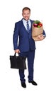 Happy man hold bag with healthy food, grocery buyer isolated Royalty Free Stock Photo