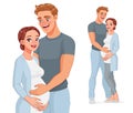 Happy man holding belly of his pregnant wife. Vector illustration.