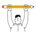 Happy man holding big pencil. Concept of a writer, creativity, achievement, education, motivation, homework, . Outline, linear,