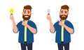 Happy man holding bright bulb and pointing index finger to it. Unhappy man holding dull bulb and pointing to it.