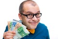 Happy man holding european money