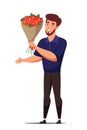 Happy man holding flower bouquet flat character