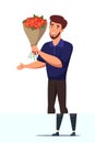 Happy man holding flower bouquet flat character
