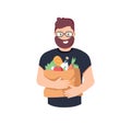 Happy man holding a grocery bag in his hands. Buyer at the supermarket. Vector illustration in cartoon style. Shopping