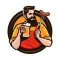 Happy man holding a mug of fresh beer. Brewery, pub, alcohol drink logo or label. Vector illustration