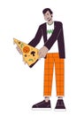 Happy man holding pizza slice flat line color vector character Royalty Free Stock Photo
