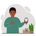 Happy man holds a glucometer in his hand. The concept of blood sugar control, diabetic.