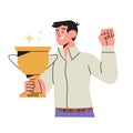 Happy man holds gold champion cup isolated on white background in flat cartoon style