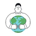 Happy man hugging earth planet. Outline, linear, thin line, doodle art.