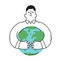 Happy man hugging earth planet. Outline, linear, thin line, doodle art. Royalty Free Stock Photo