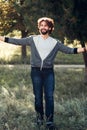 Happy man hugging world, full-length photo Royalty Free Stock Photo