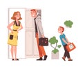 Happy Man Husband Character Coming Back and Returning Home Standing Near Open Door with Wife and Kid Welcoming Him Royalty Free Stock Photo