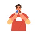 Happy man with ice cream cones in hands. Person licking icecream. Guy enjoying sweet dessert, eating tasty unhealthy