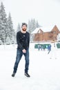 Happy man in ice skates having fun outdoors Royalty Free Stock Photo