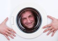 Happy man inside washing machine Royalty Free Stock Photo