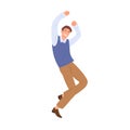 Happy man jumping and dancing from joy and happiness. Successful office worker celebrating victory with fists up