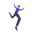 Happy man jumping or flying for fun and joy. Active carefree guy with feeling of freedom and carelessness. Colored flat