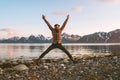Happy man jumping outdoor travel active healthy lifestyle Royalty Free Stock Photo
